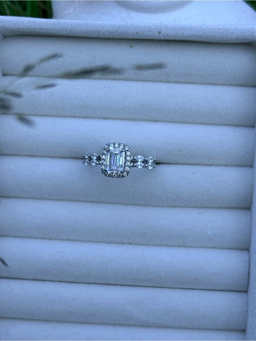Emerald-Cut Moissanite Halo Engagement Ring in Silver with Side Stones - Picture 3 of 3